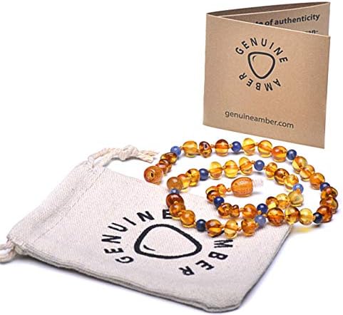 Genuine Amber - Baby Unisex Teething Necklace - 100% Natural Baltic Amber Polished Amber Beads - Natural Analgesic - Knotted Between Beads - With Plastic Screw Clasp (14.2 inches, MixSodalite)