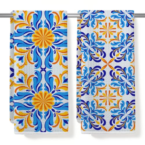 2 Pcs Mediterranean Blue Yellow Flower Kitchen Towels, Vintage Hand Towel at Amazon