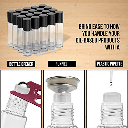 20 Pack - Essential Oil Roller Bottles [Metal Chrome Roller Ball] FREE Plastic Pippette, Funnel and Bottle Opener Refillable Glass Color Roll On for Fragrance Essential Oil - 10 ml 1/3 oz (Clear Color - Thumbnail 3