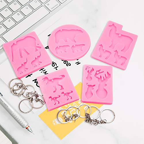 5 Pcs Animal Silicone Mold with Hole, Handmade Bear Elephant Dinosaur Llama Elk Mold, Animal Keyring Tag Keychain Silicone Mold, DIY Crystal Jelly Shots Ice Cream Desserts Candy Fondant Mold (5 Pcs)