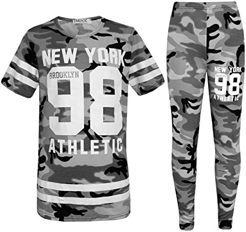Farstowe Kids Camouflage Print Top/T Shirt & Legging Set Kids New York Brooklyn 98 Athletic Loungewear Sleepwear Two Piece Set Brown Camo 7 8 9 10 11 12 13 Years