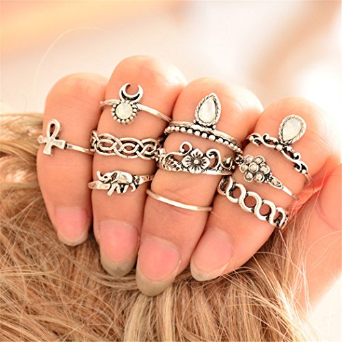 10 Pcs/set Vintage Rhinestone Hollow Out Knuckle Nail Midi Crystal Elephant Moon Flower Finger Ring (Silver)