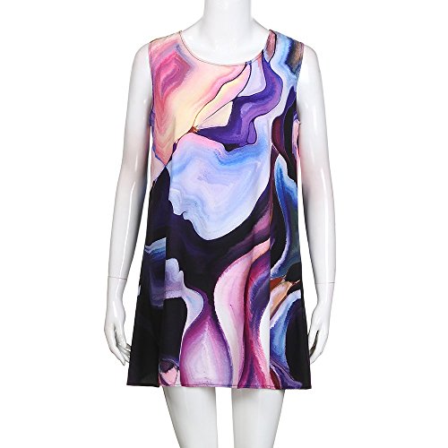 iYBUIA Summer Vintage Boho Women Loose Summer Sleeveless 3D Floral Print Bohe Tank A-Line Mini Dress(Purple ,M) - Thumbnail 2