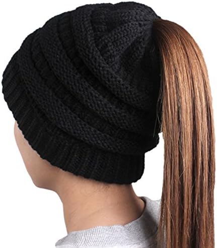 HonYea Knit Hat Warm Beanie Hat With Ponytail Hole For Women,Black