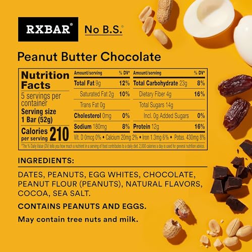 RXBAR PROTEIN BARS, PROTEIN SNACK, SNACK BARS, PEANUT BUTTER CHOCOLATE, 9.1OZ BOX (5 COUNT)