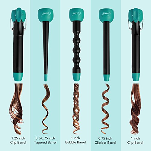 Curling Iron and Wand Interchangeable Set - 5in1 with Professional Ceramic Barrels, Dual Voltage, 1-1.25 Inch Clip, 3/4 Inch Clipless, Bubble, Pearl, Tapered Hair Curler for Women with Waves Entil