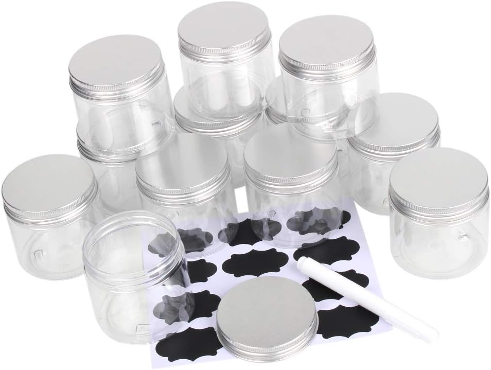 Allure Maek 12 Pack 6 Ounce Transparent Slime Storage Favor Jars Wide-Mouth Containers with Lids and Labels Pens for DIY Slime,Ingredients,Party Favors and Other Crafts (2.75 x 2.55 Inch)