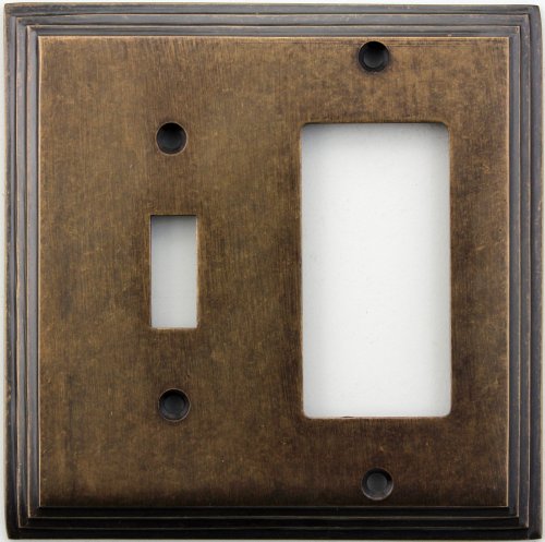 Classic Accents Deco Aged Antique Brass Two Gang Wall Plate - One Toggle Light Switch Opening One GFI/Rocker Opening