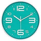 45Min 10-Inch 3D Number Dial Face Modern Wall Clock, Silent Non-Ticking Round Home Decor Wall Clock with Arabic Numerals, 7 Colors(Cyan)