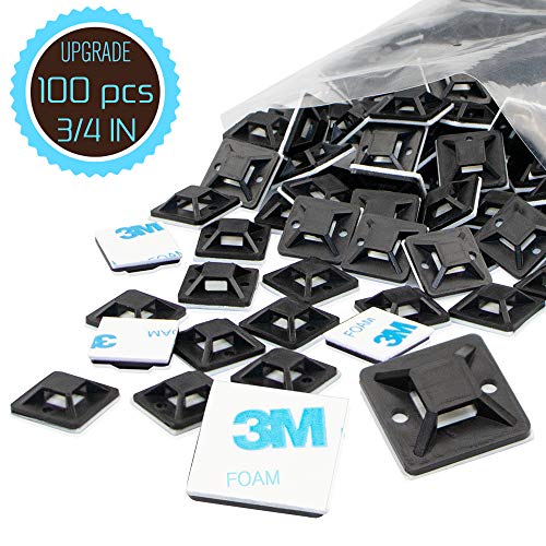 Cable Tie Mount 0.75 Inch 20mm Black Samll Squares Adhesive Mounting, 100 Pieces.perfect for Wire Clips Cable Management Zip Tie Anchors,Durability Pro-grade UV Wire Holder