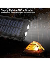 Cargador solar portátil resistente al agua, batería externa de 20000 mAh, doble USB 5 V, 1 A 2 A, salida con linterna LED y brújula para cámara, iPhone, Samsung (negro)