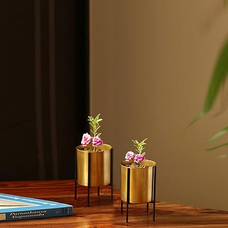 ExclusiveLane Galvanized Iron with Powder Coating Planters and Pot with Stands for Garden Decoration Items Outdoor Balcony, Golden, Black, Set of 2, Standard (EL-021-076)