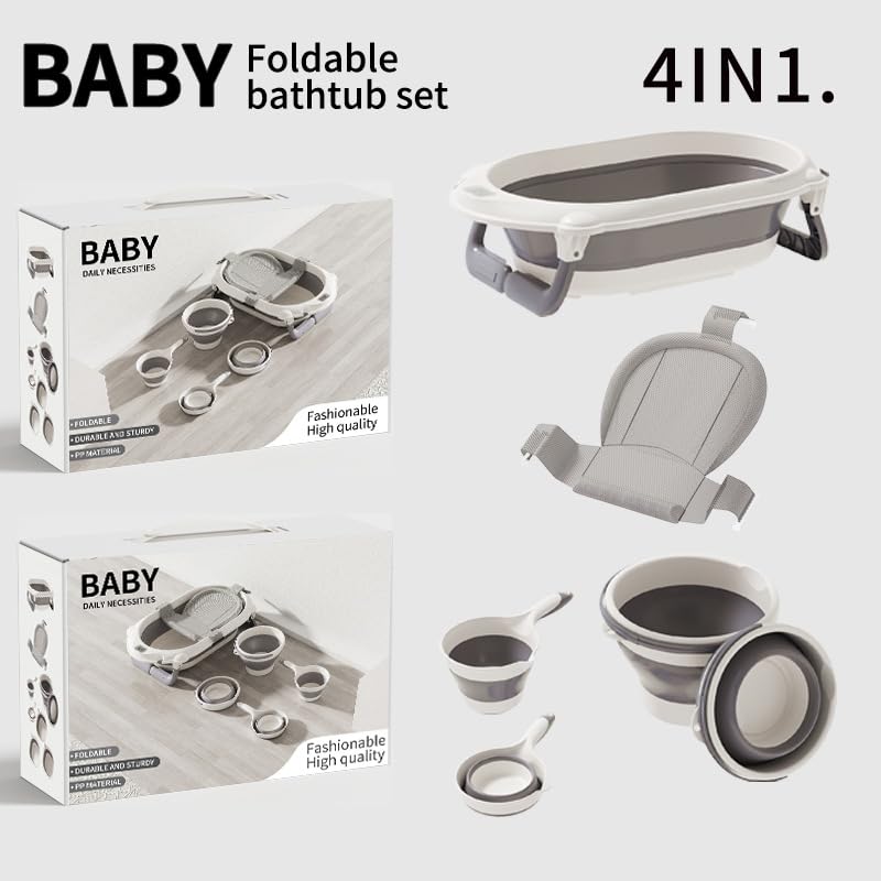 Last page® 4-in-1 folding baby bathtub set, a foldable baby bathtub suitable for newborns to toddlers. This portable bathtub set includes a bathtub, a bath net, a water bucket and a water spoon