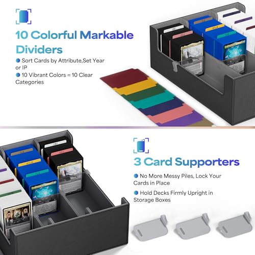 UAONO Trading Card Storage Box, Holds 1800 Sleeved Cards with 10 Dividers & 3 Stoppers, Magnetic Closure PU Leather Card Case for MTG, PTCG, YGO, Sports Cards (Black)