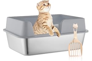 THEYFIRST Large Stainless Steel Litter Box with Lid, 19.5" x 13.6" x 6.7" Metal Litter Box with High Sides, Anti-Leakage Easy Clean Litter Box for Big Cats, Open Top Low Entry Litter Box for Senior Cats(Grey)