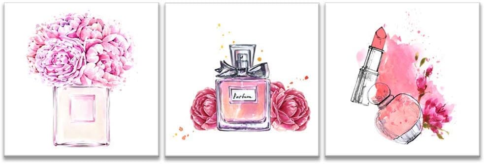 iKNOW FOTO Canvas Set of 3 Fashion Pink Makeup Art Print Poster Framed Perfume with Lipstick Picture Giclee Print on Canvas for Walls Decor Shoe Store Wall Decor Artwork Ready to Hang