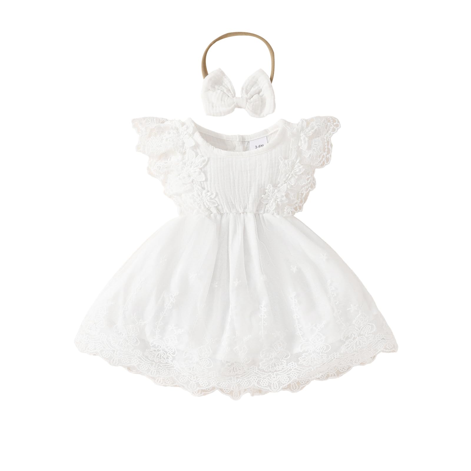 Photo 1 of Aiwpstoin Infant Baby Girl Boho Floral Lace Dress Ruffle A-Line Mesh Princess Dresses with Headband Baptism Outfits(White, 6-9 Months)