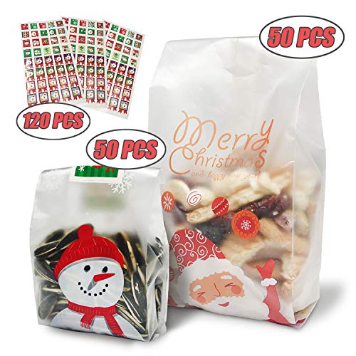 Christmas Cookie Bags Snack Bags Plastic Cookies Bakery Candy Treat Bags for Gift Giving Wrapping Packaging Bags Toaster Bags Santa Claus Snowman Snowflake 100 Pack Cookie Sealing Stickers