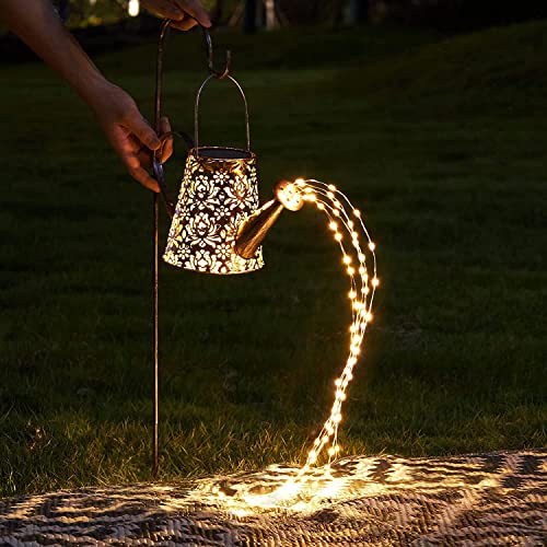 Solar Watering Can Lights with Light String 90 LEDs Lantern Iron Waterproof Perfect for Hanging Outdoor Pathway Garden Flower Decor with 32 inch Shepherd Hook (Warm White)
