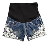 Hibukk Women's Cute Floral Lace Patchwork Denim Elastic Waist Maternity Shorts