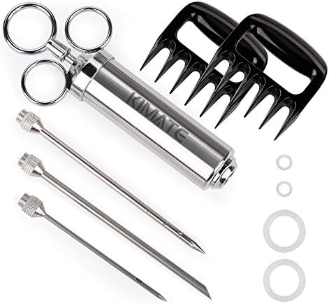 Meat Injector and Shredder Claws Set, Kimate 304 Stainless Steel [2Oz Large Capacity] Seasoning Injector with 3 Marinade Needles, Pulled Pork Shredder Claws - Ultra Sharp and Heat Resistant