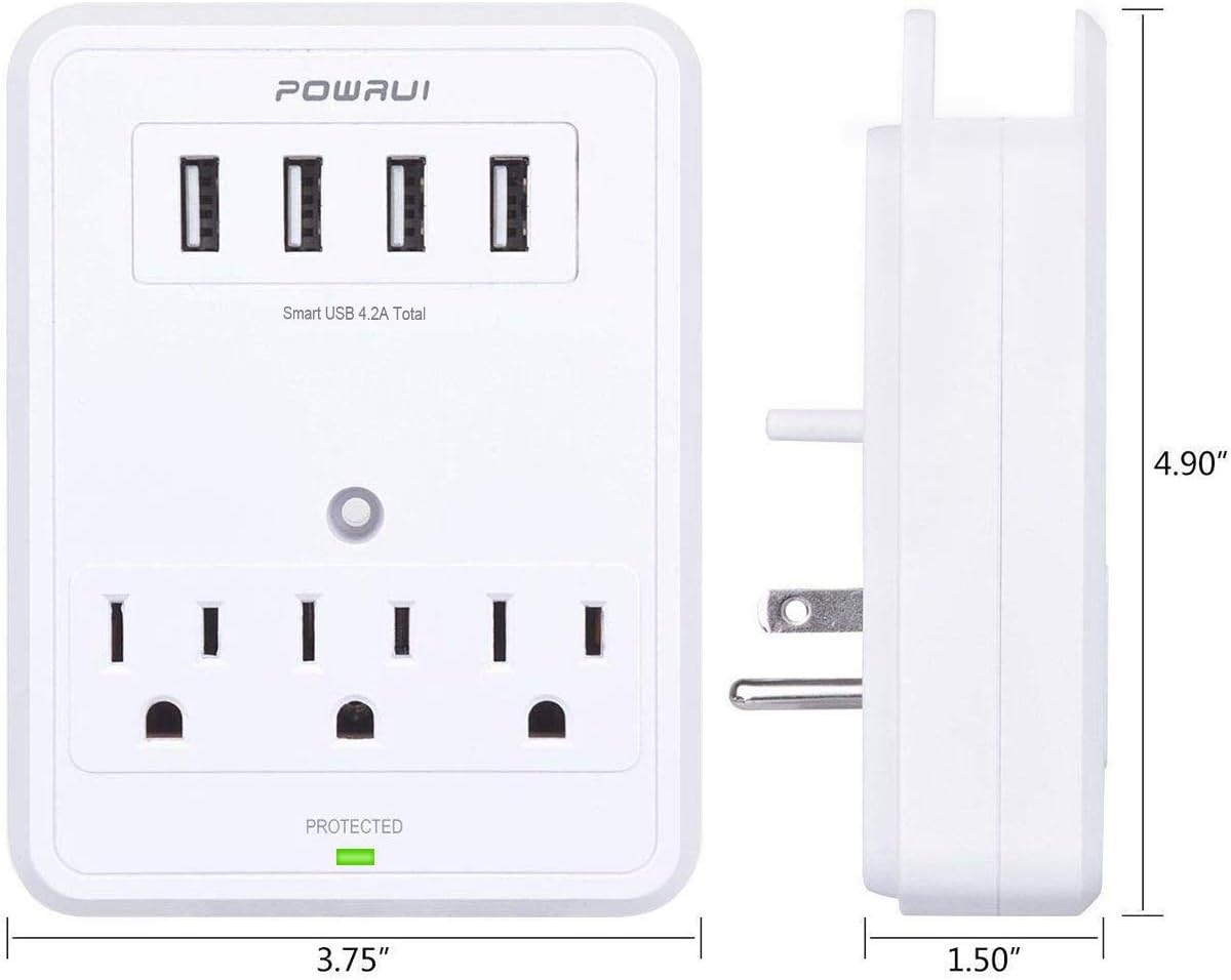 POWRUI Multi Wall Outlet Adapter Surge Protector 1680 Joules with 4-USB Ports Wall Charger, Wall Mount Charging Center 3 Outlet Wall Mount Adapter for Home, School, Office, ETL Certified: Home Audio & Theater