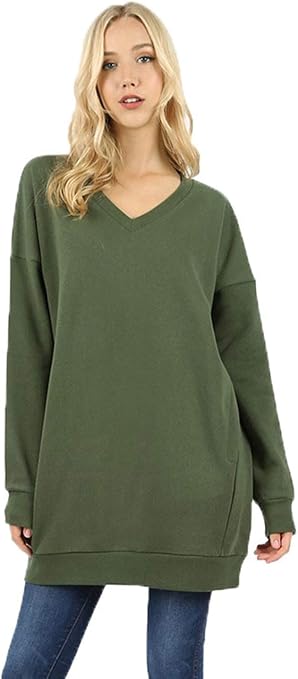 Zenana Women's Long Sleeve V-Neck Over-Sized Long Tunic Sweatshirts with Pockets (2XL, Army 