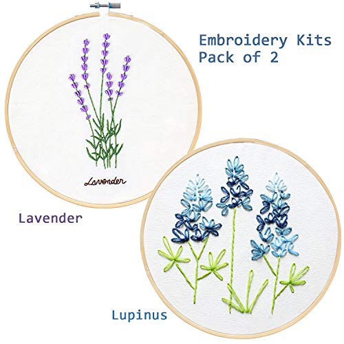 2 Pack Embroidery Kit, Full Range of Embroidery Starter Kit with Pattern DIY Embroidery Kit for Beginner Including Embroidery Cloth, Embroidery Hoop, Threads, Tools Kit (Lavender and Lupine)