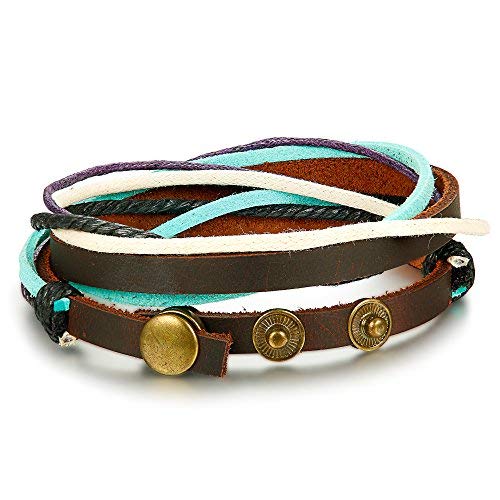 Thunaraz Leather Bracelet Rope Bead Wraps Cuff Bangle 4 Wraps Multicolor Adjustable Rope
