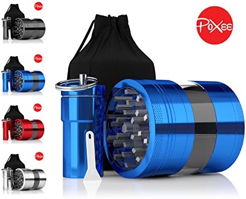 Large 4pc Herb Grinder for Weed with Keef Catcher, Super Smooth Grind Aluminum Tobacco Grinders With Smell proof Stash Jar &amp; Carrying Bag -3.25" Blue- By Poxee