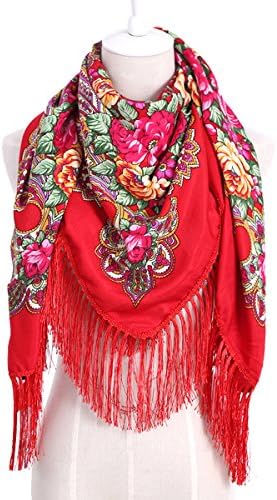 Women Scarf Vintage Trendy Fringe Big Square Long Warm Floral Scarves Shawl