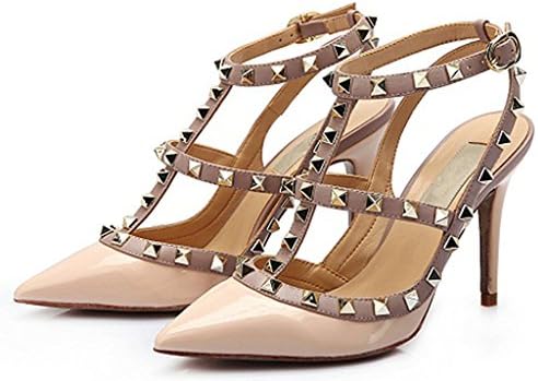 CAMSSOO Womens Ladies Fashion Rivet Studded Pointed Toe High Heel Pumps Stiletto Court Sandals