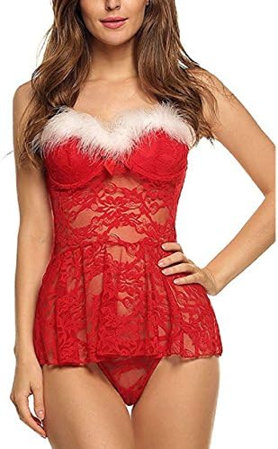 Assivia Womens Sexy Corsets Lingerie Sets Red Christmas Lace babydolls Mini Dress
