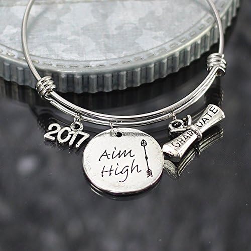Graduation Charm Bracelet Aim High Expandable Stainless Steel Bangle Class of 2017