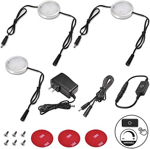 Under Cabinet Lighting Dimmable LED Puck Lights, Above or Under-Mounted for Kitchen Closet, Safe Night Light, Accent Lighting, 120V Wall Plug, Touch Dimmer, 3 Lights, Daylight 6000K