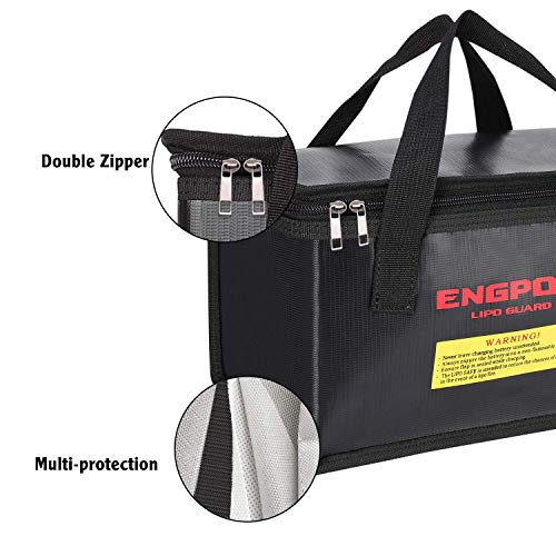 ENGPOW Fireproof Explosionproof Lipo Safe Bag for Lipo Battery Storage and Charging,Large Space Fire and Water Resistant Lipo Battery Guard with Double Zipper (260x130x150mm) (Black)