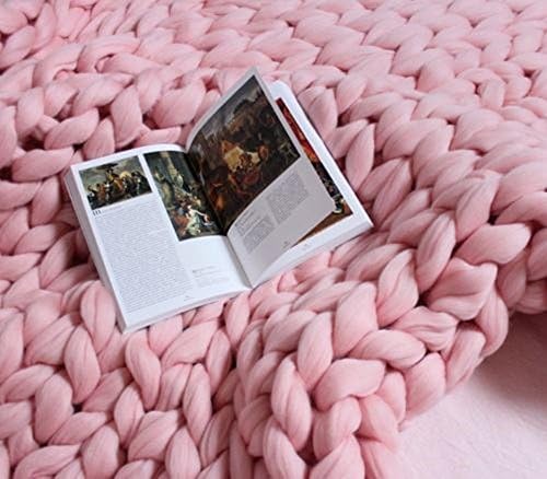 Kqpoinw Chunky Knitted Blanket Merino Wool Blend Arm Knit Throw Super Large Hand Knitting Yarn Pet Bed Chair Sofa Yoga Mat Rug (Pink, 51 * 67inches(130 * 170cm))