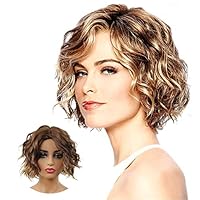 TopWigy Short Curly Blonde Wigs for Women Side Part Bob Style Highlight Ombre Mixed Brown Color Capless Synthetic Daily Party Full Wigs (Mixed Brown)