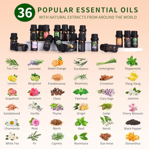 36 Pcs Essential Oils Set, Essential Oils for Diffuser, Aromatherapy, Humidifier, Fragrance Oil Scent for DIY Candle and Soap Making - Premium Grade Fragrance Oils - Peppermint, Lavender, Frankincense
