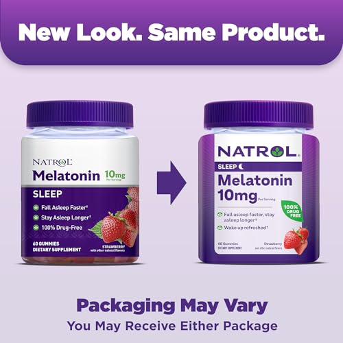 NATROL MELATONIN GUMMIES, SLEEP SUPPORT FOR ADULTS, 10 MG MELATONIN SUPPLEMENT FOR SLEEPING, 60 STRAWBERRY-FLAVORED GUMMIES, UP TO A 30 DAY SUPPLY