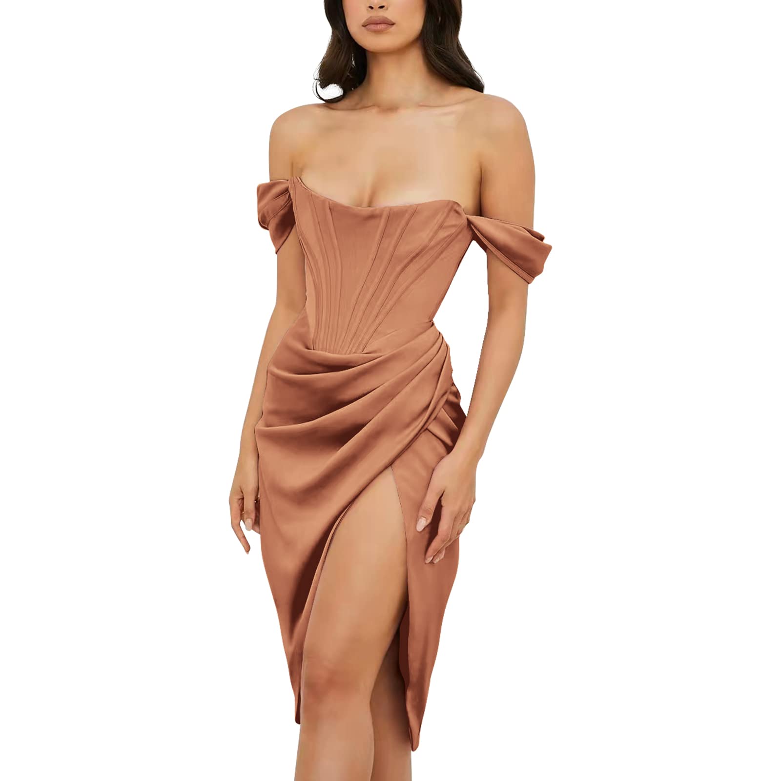Photo 1 of (XL) (BAGGED) Womens Off Shoulder Split Corset Satin Dress Strapless High Slit Bodycon Ruched Cocktail Party Dress Midi Sexy Night Club Tube Dress Backless Slim Fit Formal Wedding Guest Evening Dress Brown X-Large
