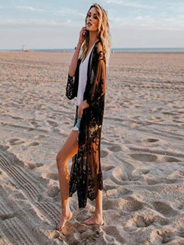 Womens Kimono Cardigan, Women Lace Bohemian Beach Long Oversized Kimono Coat (Black, Free Size)