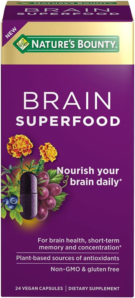 Nature's Bounty Brain Superfood 24 Count Vegan Capsules for Short-term Memory and Concentration