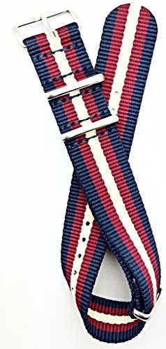 22mm NATO style, Nylon Fabric Watch Strap - Navy Blue/Red/Tan