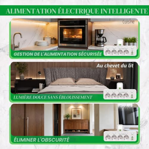 Power Strip with Individual Switch, 4 Sockets with USB and Night Light, 4 Mains Outlets + 1 Type-C + 2 USB Suitable for Home, Office, Phone, Portable