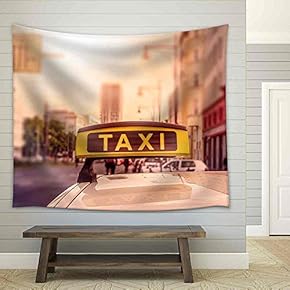 Taxi Sign on Top of a German Cab in The Evening Sun, Intentional Selective Focus - Fabric Wall Tapestry Home Decor - 51x60 inches