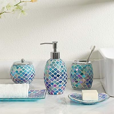 Bathroom Accessory Set | 5-Piece Decorative Glass Bathroom Soap Dispenser Set | Soap Dispenser, Tray, Jar, Toothbrush… 51DQuzT74PL