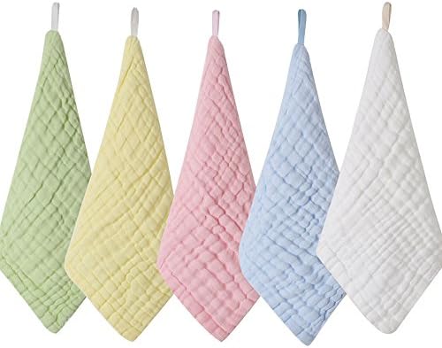 Baby Muslin Washcloths Bath Towels- Super Water Absorbent Baby Wipes for the Newborn, Care for babys Sensitive Skin, 5-Pack (12"x12") perfect for shower gift (multicolored)