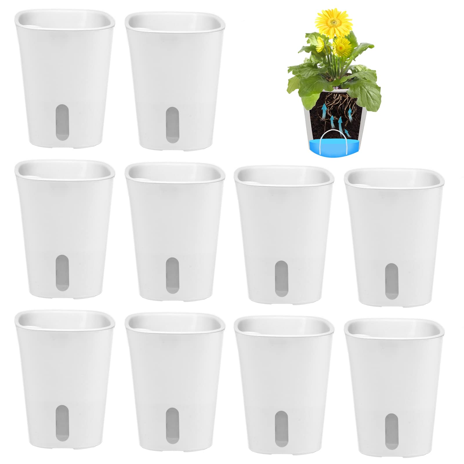 WMLBK Self-Watering Plant Pots Indoor,10 Pcs Plastic Self Watering Flower Pots with Drainage Holes Sauce,for Indoor Outdoor Balcony Windowsill Plants Flowers (9.5cm)
