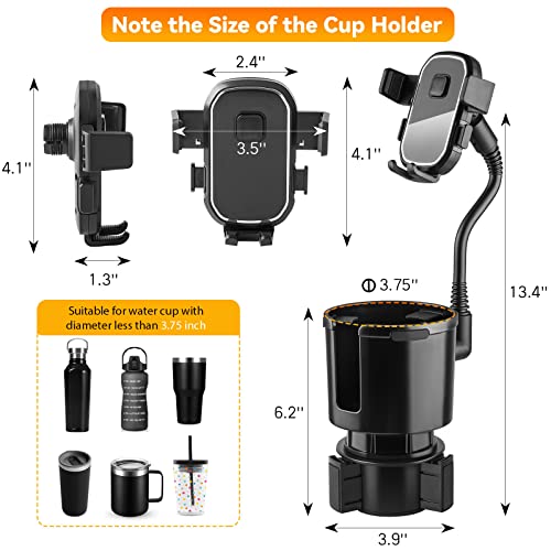 Cup Holder Expander for Car, 2 in 1 Multifunctional Car Phone Holder Mount Cup Holder, Auto Cup Holder Extender with Adjustable Base, 360° Rotation Car Cell Phone Holder Compatible with All Smartphone